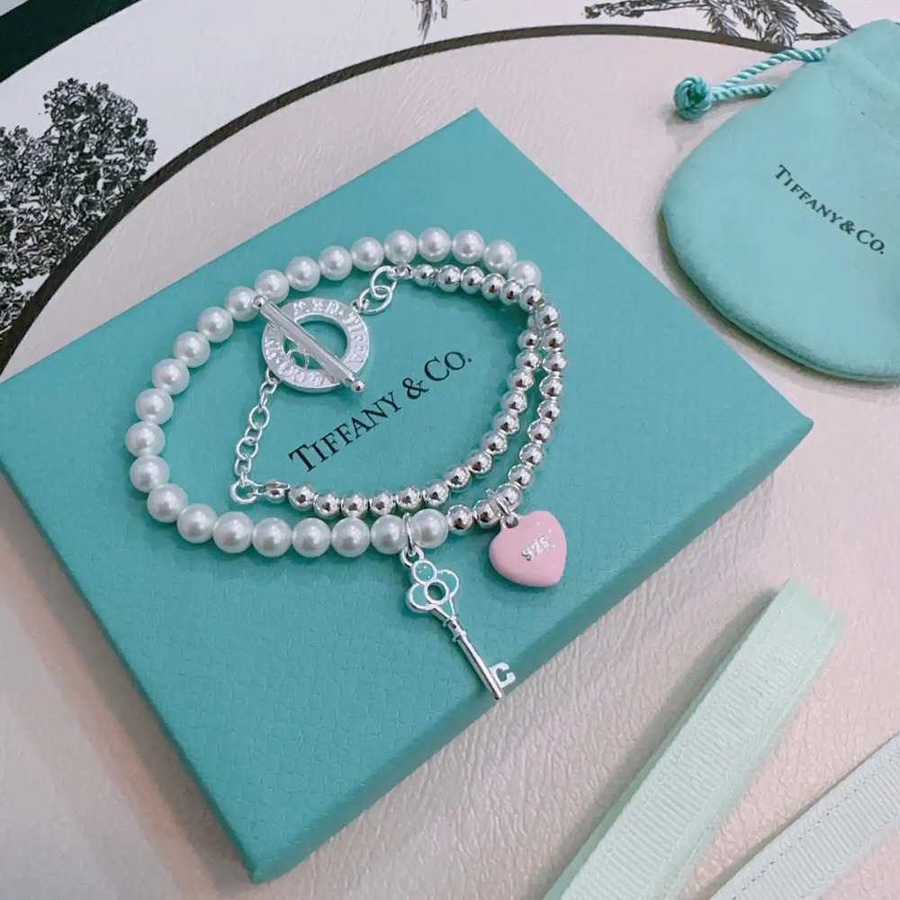 Tiffany & Co. Pink Silver Heart Bead Bracelet